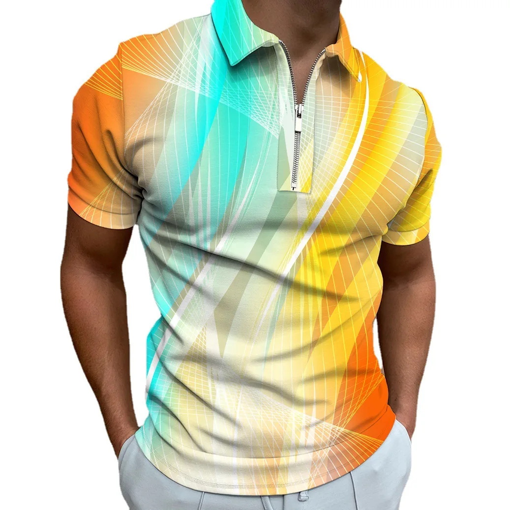 

2023 summer men's digital printed man color striped youth leisure Polo