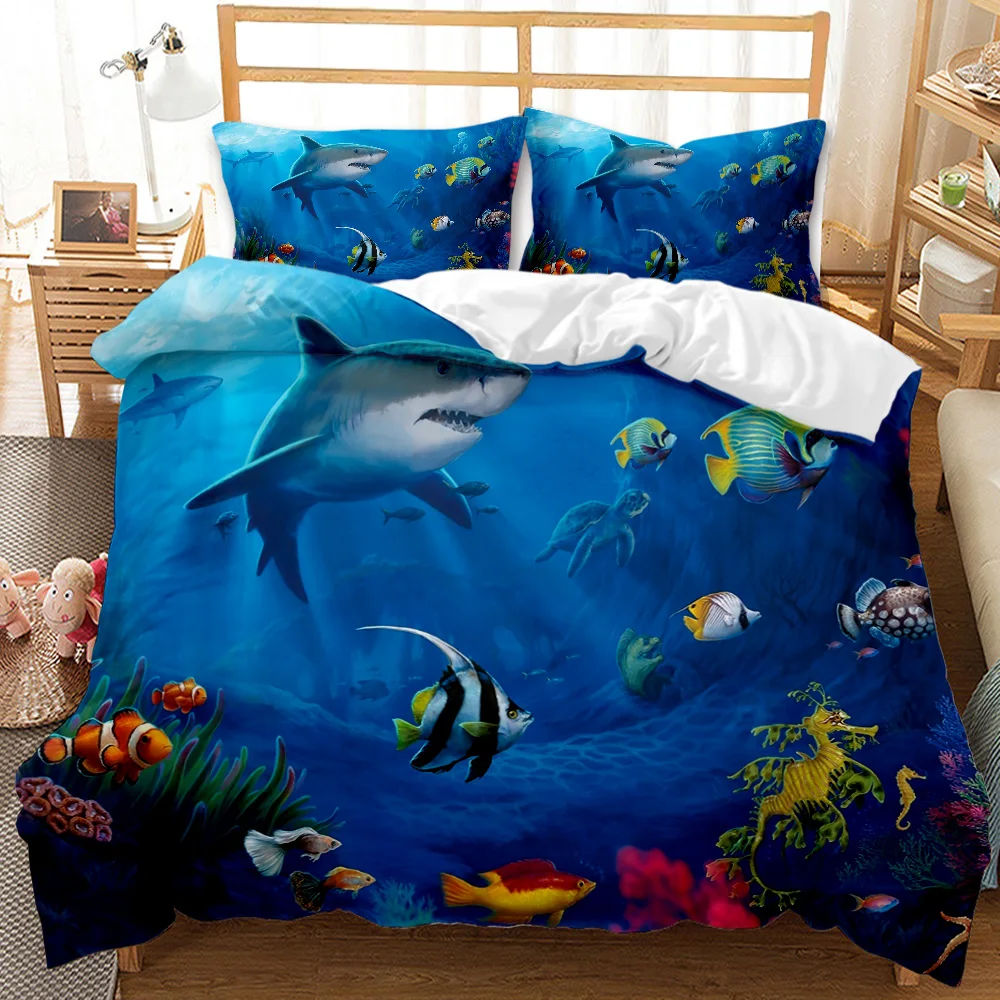 

Shark Bedding Set King Size for Girl Boys Tropical Marine Life Ocean Fish Sea Turtle Rainbow Color Coral Polyester Duvet Cover
