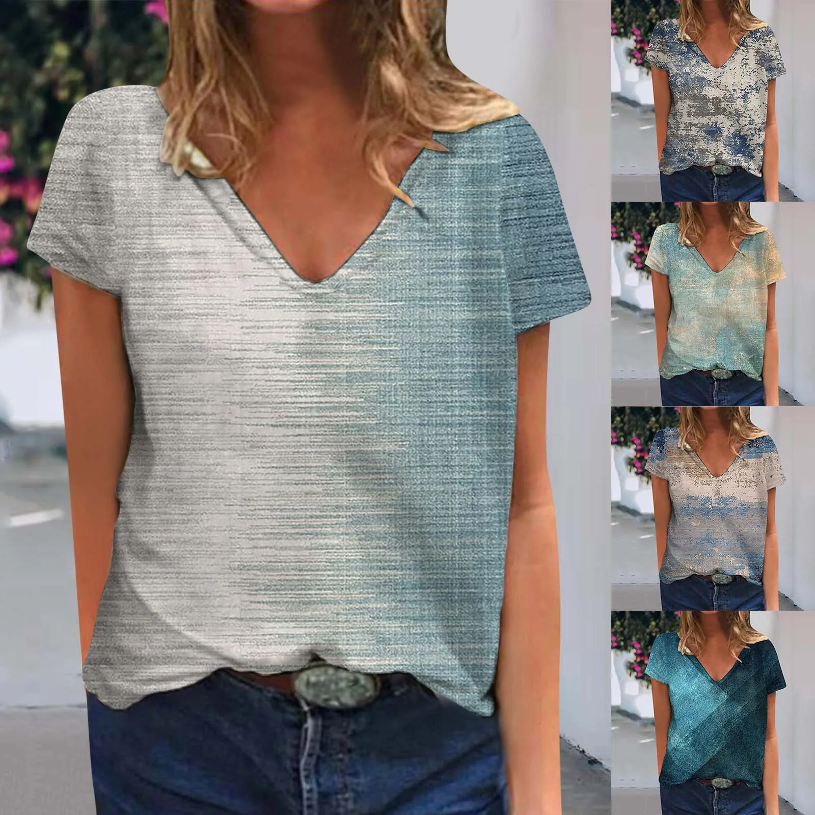 

Свободная туника для женщин, повседневные летние топы с цветочным рисунком, короткий рукав, Круглый, женские футболки из полиэстера, футбол...