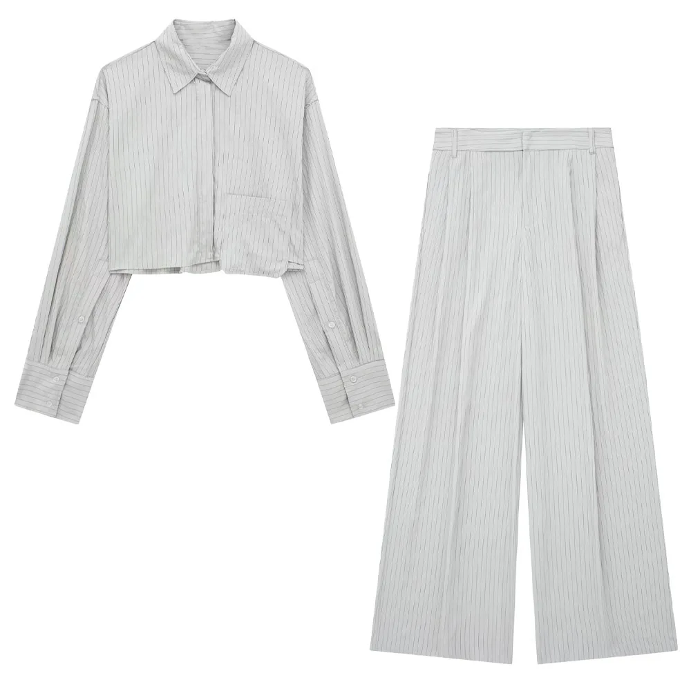 

Новинка, модная женская темпераментная Повседневная рубашка в полоску с отложным воротником и длинными рукавами + нейтральные ветрозащитные брюки с высокой талией для ранней осени