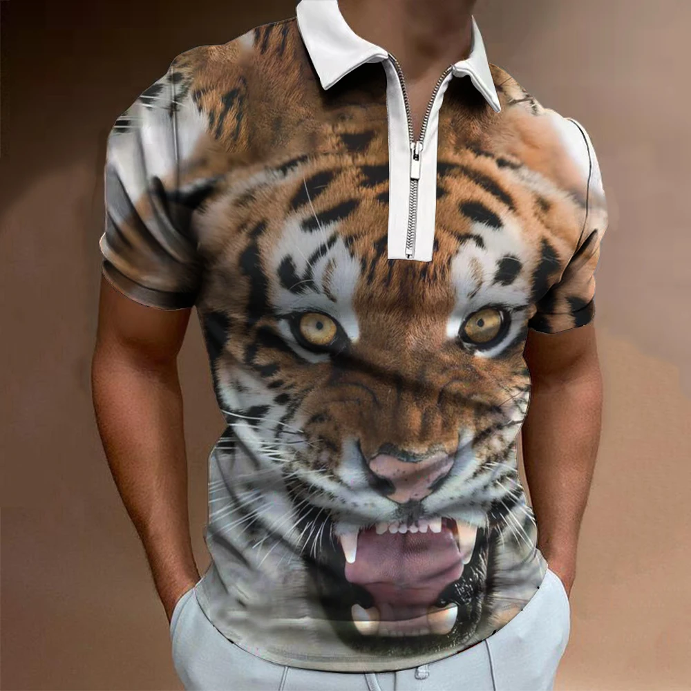 

2022 New Luxury Men's Polo Shirt Animal 3D Lion Patchwork Print Casual Short Sleeve T Shirt Men Lapel Zip Polo Shirt POLO TShirt