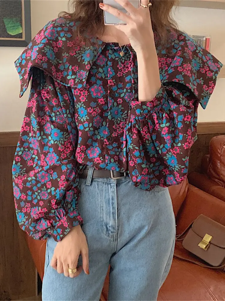 

Alien Kitty Florals Lapel Blouses Fashion Casual Women Chic New All Match Lady Printed 2021 Autumn Loose Sweet Streetwear Tops