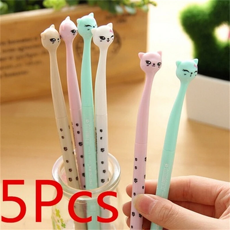

1pcs/5 pcs Cute Plastic Ink Gel Pen Cartoon Cat Pens For School Writing Office Supplies Korean Stationery Writing Point:0.5mm