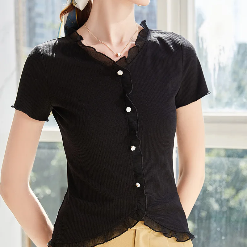 

Edge t-shirt V-neck short-sleeved sexy exposed collarbone lotus leaf edge of the female design feeling niche blouse black