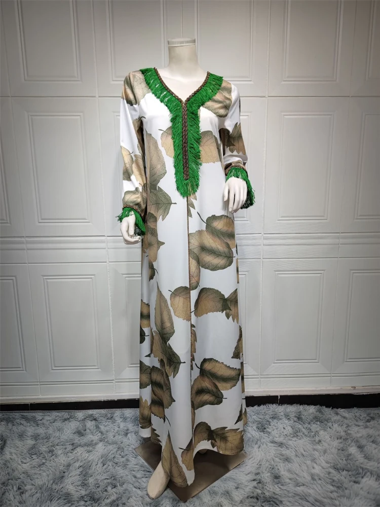 

Ramadan Jalabiya Dress Elegant Casual Leaf Print Fashion Feather Sleeve Long Dresses Dubai Abaya Luxury For Muslim Women