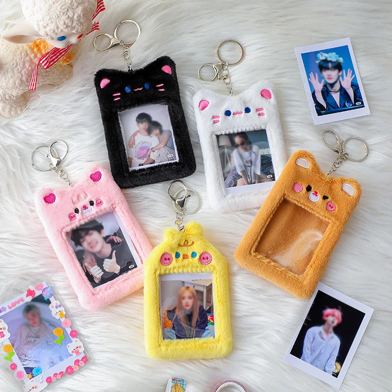 

Korea Cute Bear Rabbit Plush Photocard Holder Kpop Idol Photo Sleeve Case ID Card Cover With Keychain Bag Pendant Stationery