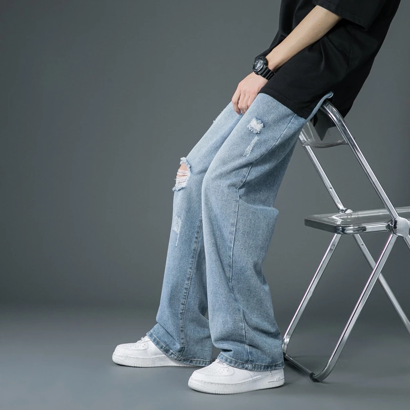 2022 Spring Summer Men's Ripped Wide Leg Jeans Korean Trend Straight Baggy Denim Pants Male Vintage Blue Trousers