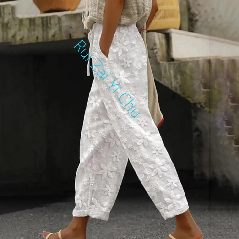 

Женские модные элегантные кружевные прямые брюки с вышивкой, брюки на шнуровке с эластичным поясом и карманами, женские повседневные свободные длинные брюки