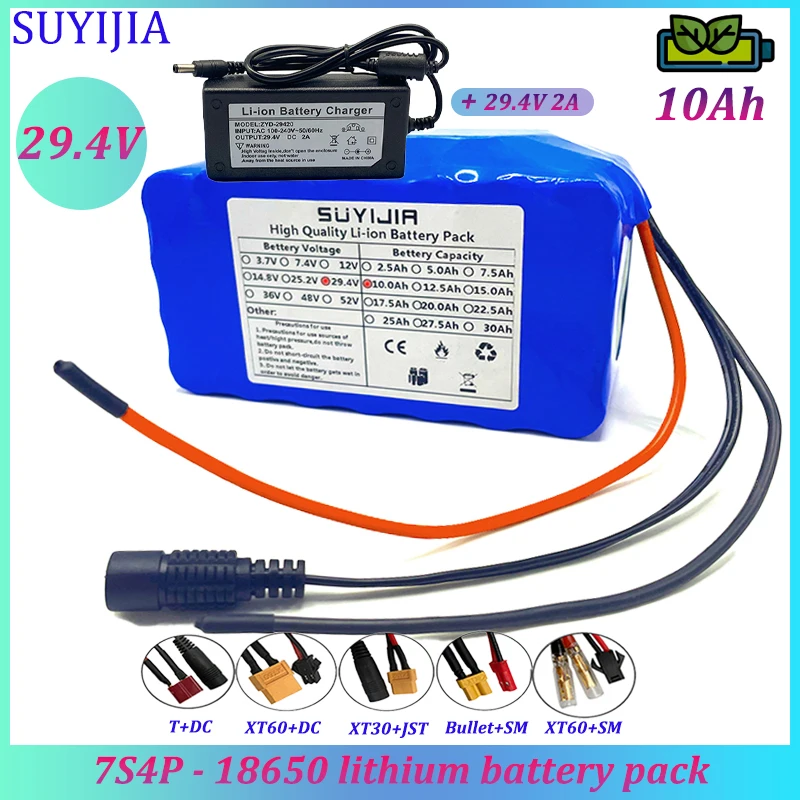 

New 7S4P 18650 24V 10Ah Battery Pack 29.4V 10000mAh BMS for Electric Bicycle Moped Electric Scooter Wheel Chair 29.4V 2A Charger