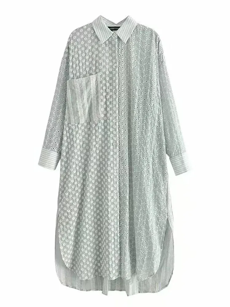 

2022 Women Spring/Autumn Embroidered Patchwork French Shirt Dress Fashion Single Breasted Patch Pocket Long Sleeve Loose Dress