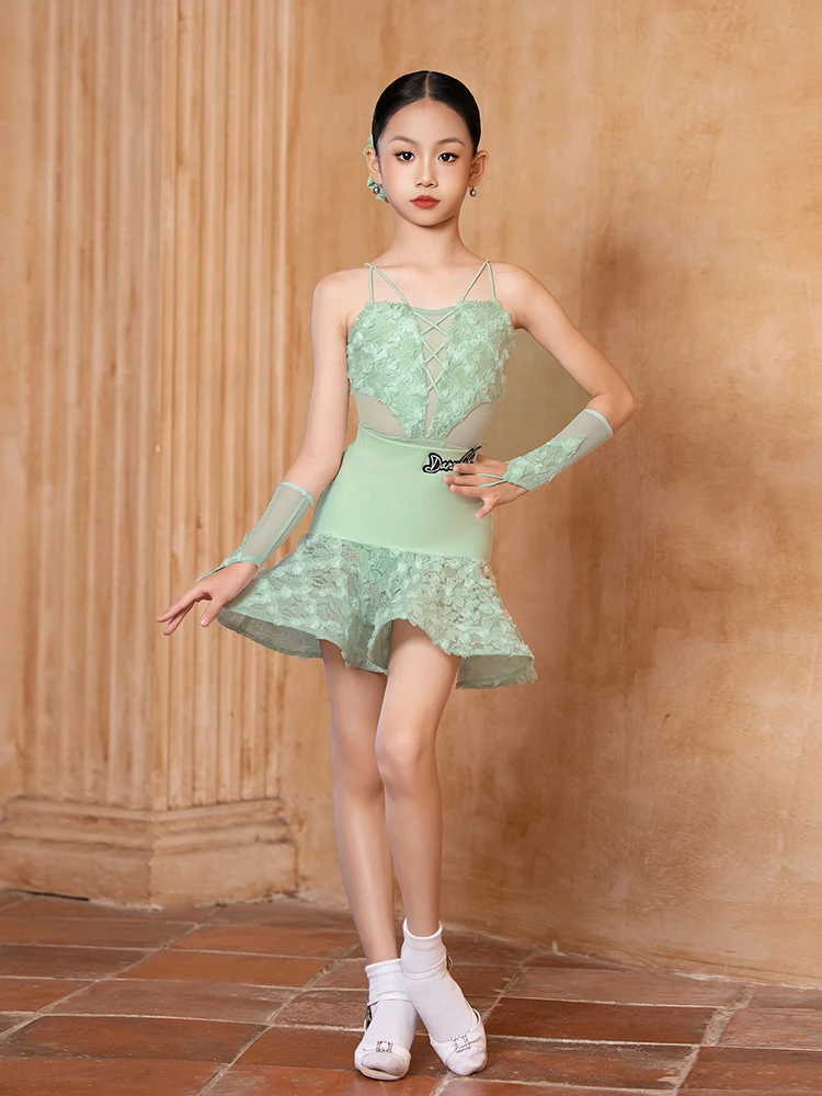 Платье для латинских танцев девочек зеленая сетчатая юбка с рыбьей косточкой