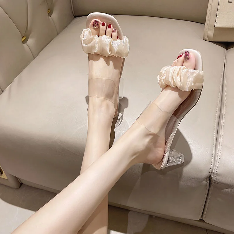 

Женские летние шлепанцы, новинка 2023, Корейская версия, Модные женские сандалии для отдыха на открытом воздухе, прозрачные сандалии с квадратным носком на высоком каблуке, размеры 34-41