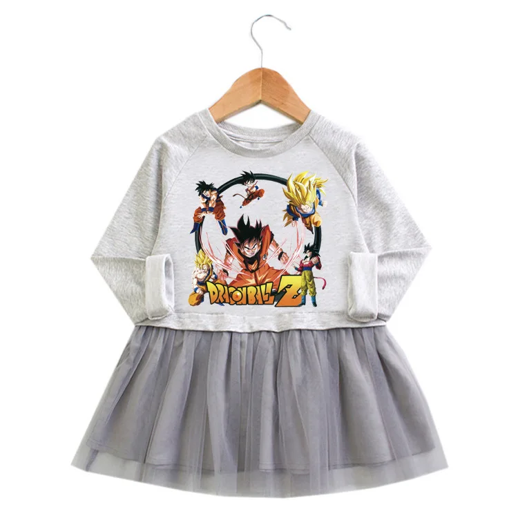 

2023 Dragon Ball Korean Version Spring and Autumn Girl's Dress Cartoon Long-sleeved Mesh Skirt Baby Foreign Style Princess Skirt