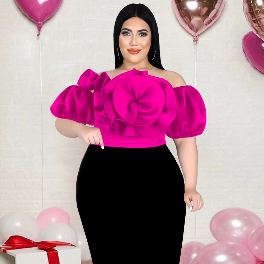 

2022 Plus Size women's Rose three-dimensional decoration bubble sleeve straight neck waist short shirt top women's tops