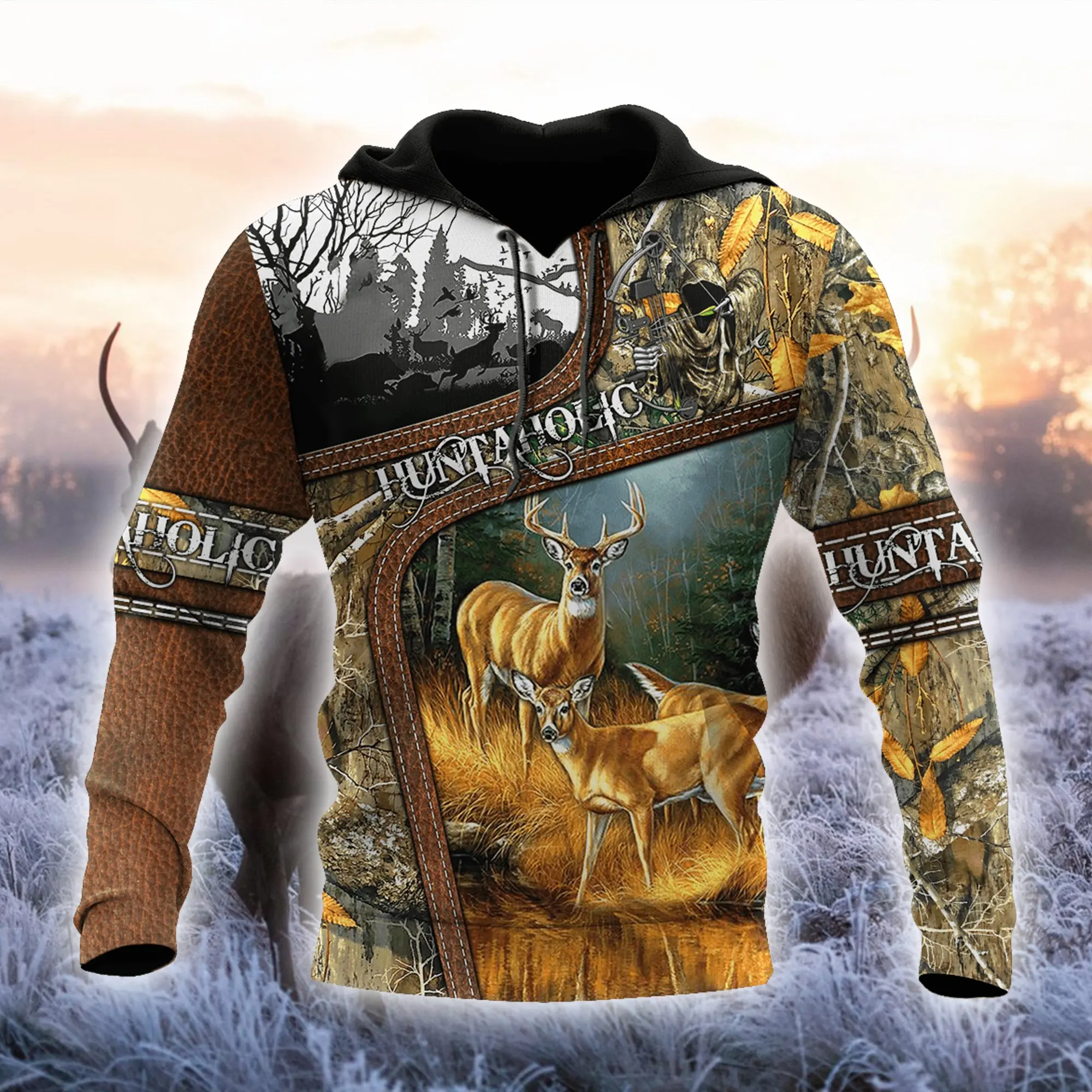 

New Maple Leaf Camouflage 3D Hoodie Men's Women's Outdoor Deer Pattern Camping Hunting Unisex Hooded Jacket Top/zipper 01