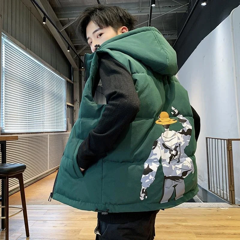 

2021 New Down Vest Japanese Anime Luffy Pikachued Print Men's Trend Student Autumn And Winter Waistcoat Teens Warm Vest Jacket