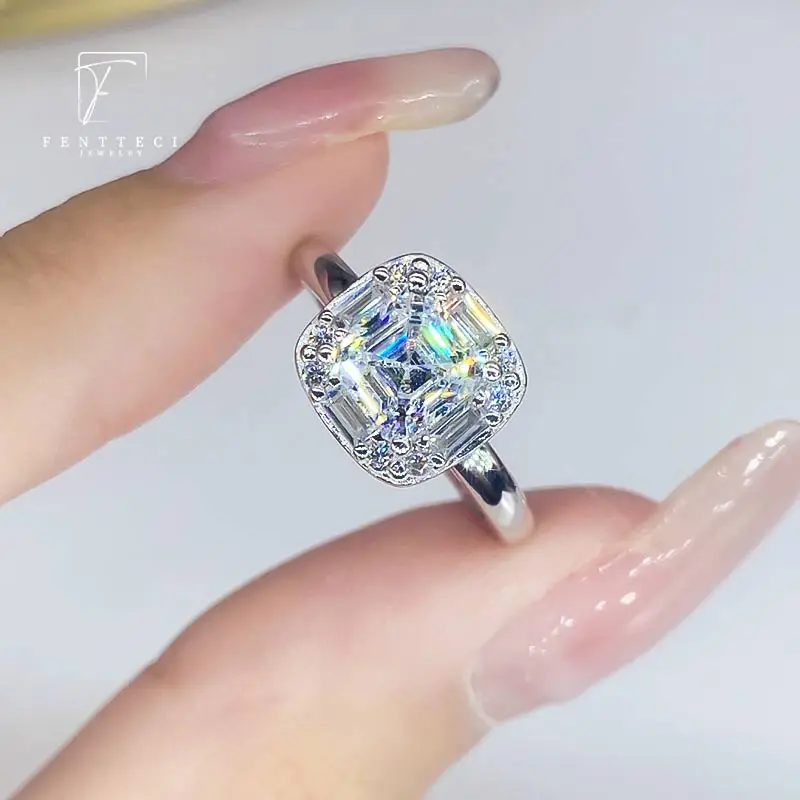 FENTTECI S925 Sterling Silver Platinum Plated Square Moissanite Ring Luxury Jewelry For Women Wedding Engagement Party Gift