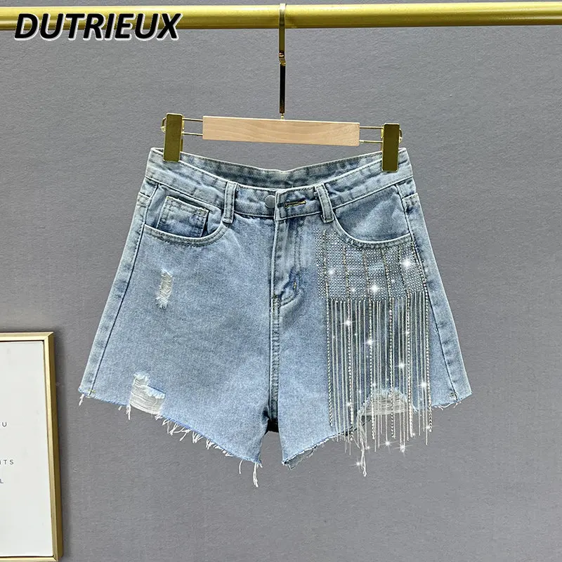 

Women's Denim Shorts Fashionable 2023 New High Waist Slimming Diamond-Embedded Ripped Shorts Wide Leg Pants Fashion Hot Pants