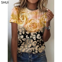 2022 new womens fashion rose flower pattern loose casual floral print short sleeve round neck t shirt korean style tops blouse