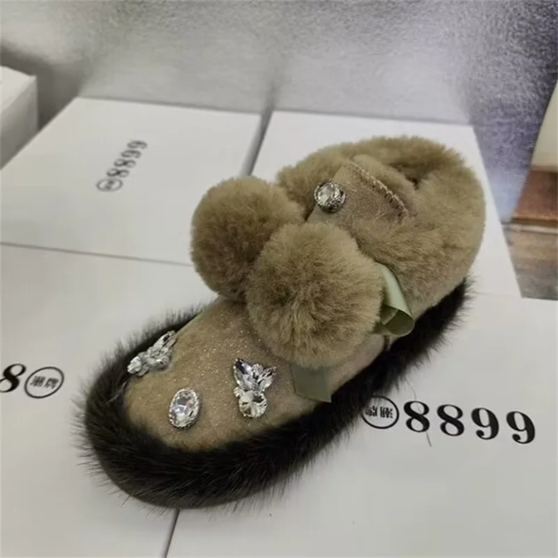 

Winter fluffy warm fox hair boots Rhinediamond lace butterfly decoration handmade custom fur one-piece boots for women 36-39
