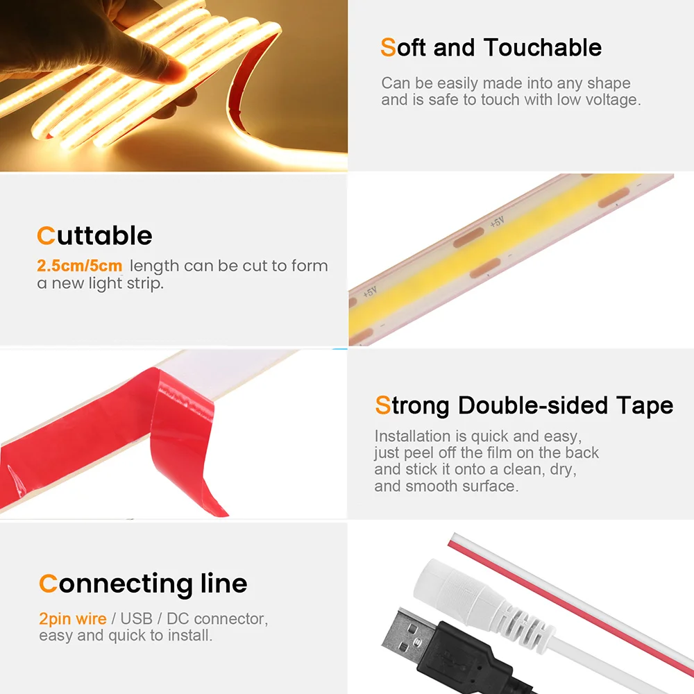 IP68 Водонепроницаемая светодиодная лента COB USB 5 В 12 24 3000 К 4000 6000 Гибкая клейкая