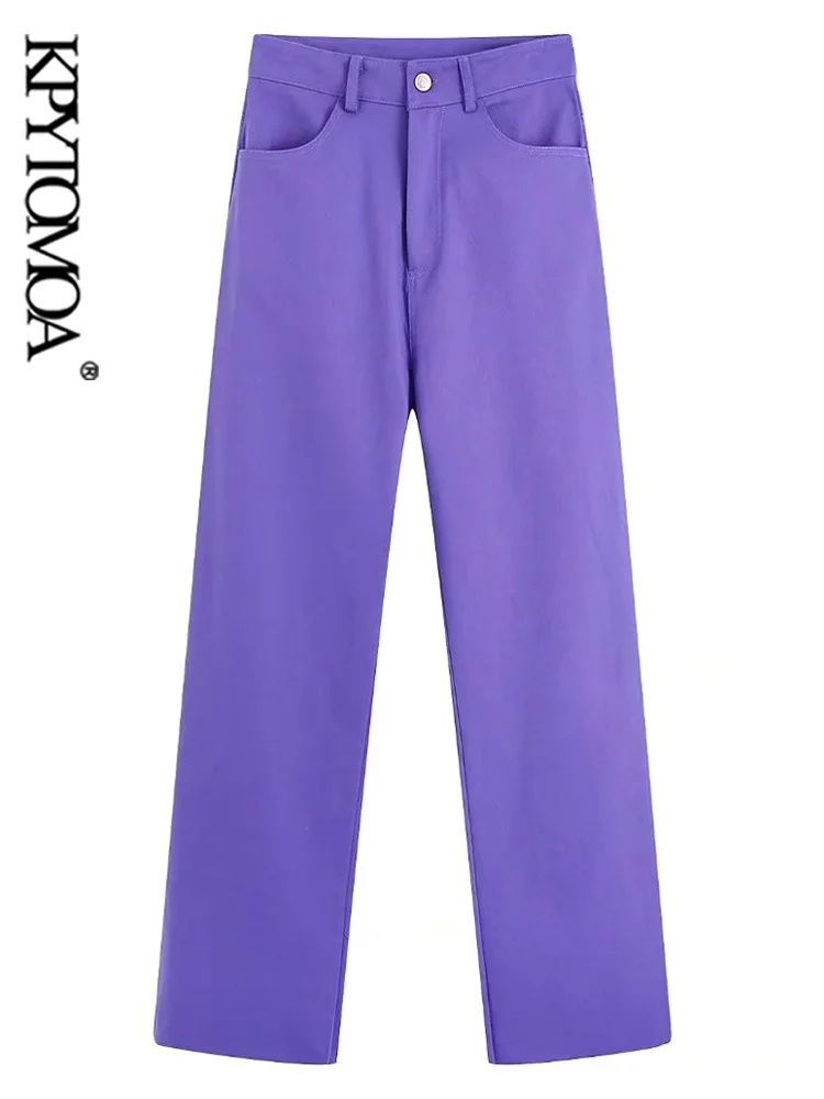 

KPYTOMOA Women Fashion Side Pockets Frayed Hems Straight Denim Jeans Vintage High Waist Zipper Fly Female Trousers Mujer