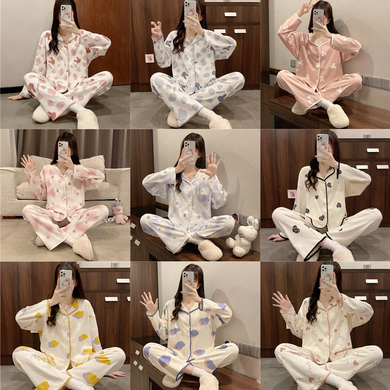Spring Autumn Pajamas Set for Women Thin Cotton Fashion Print  Women Long Sleepwear Suit Home Clothes Women Female Sleepwear