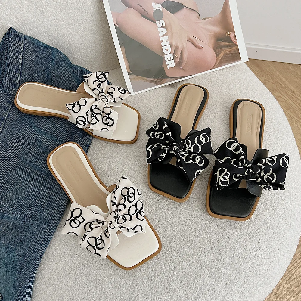 

Fashion Open Toe Big Bowknot Women Slippers Outside Casual Sandals Graffiti Circle Fairy Style Temperament Seaside Beach Slides