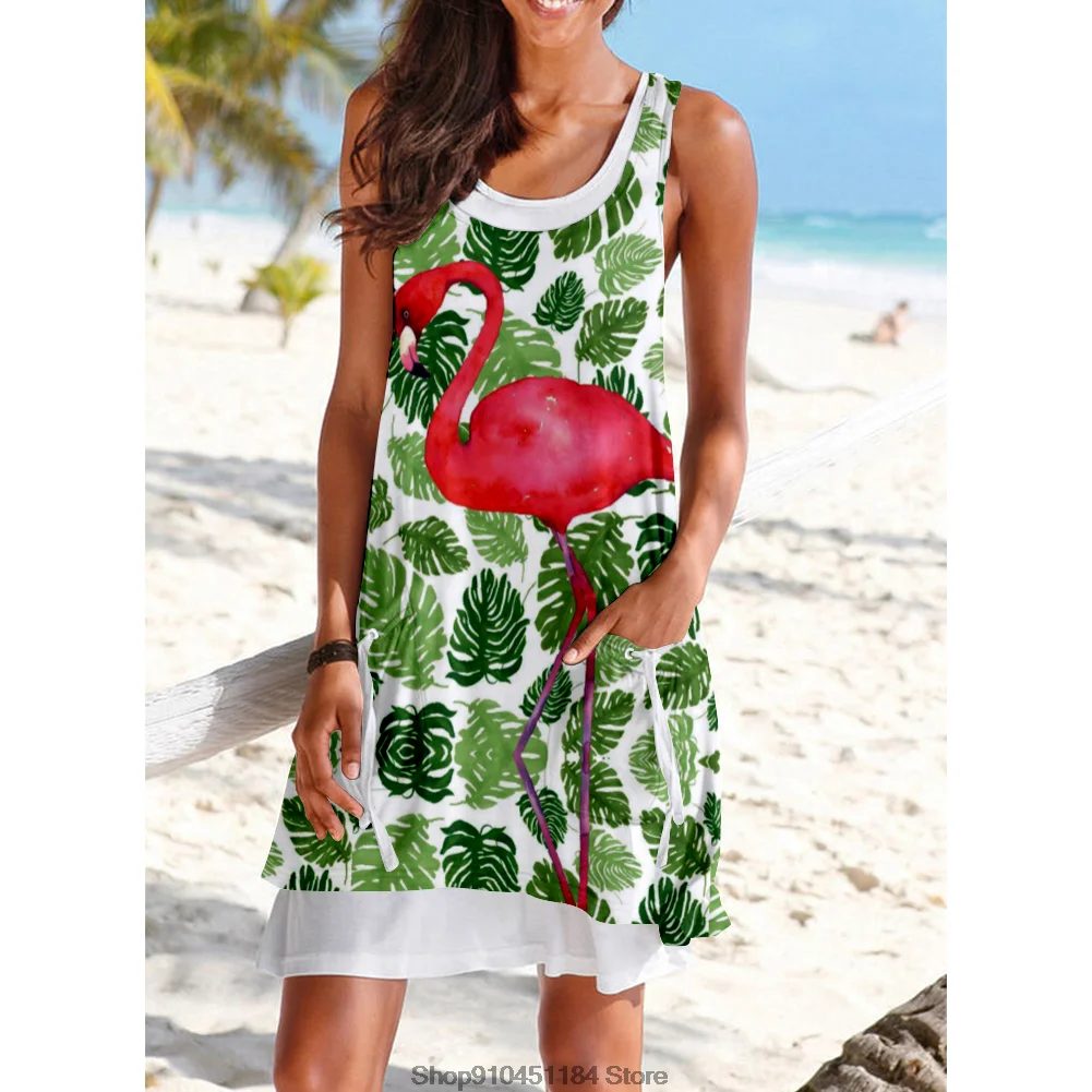 

Мини-платье на бретелях, с принтом фламинго, без рукавов