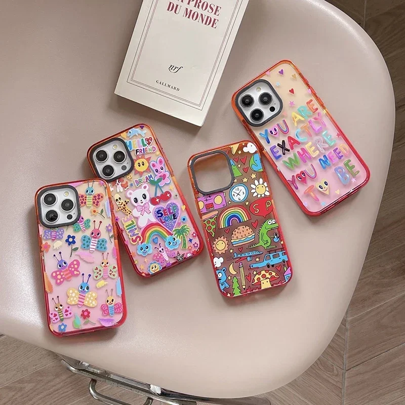 Colorful Letters Peach Gradient Border 2.0 Acrylic Phone Case Cover for IPhone 11 12 13 14 15 16 Pro Max