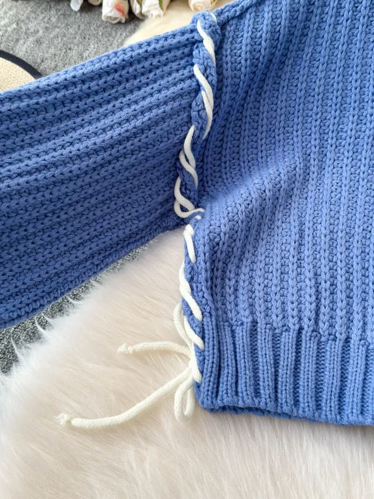 2024 женский осенне-зимний синий свитер шикарный стиль свободный вязаный