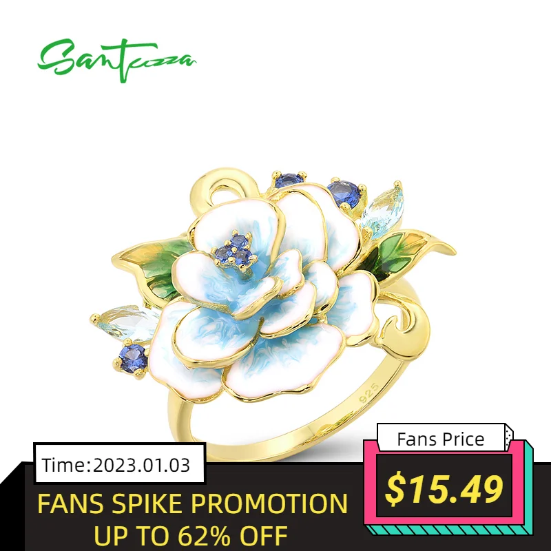 

SANTUZZA Pure 925 Sterling Silver Rings For Women Exquisite Blooming Flower Blue Glass Ring Party Fine Jewelry Handmade Enamel