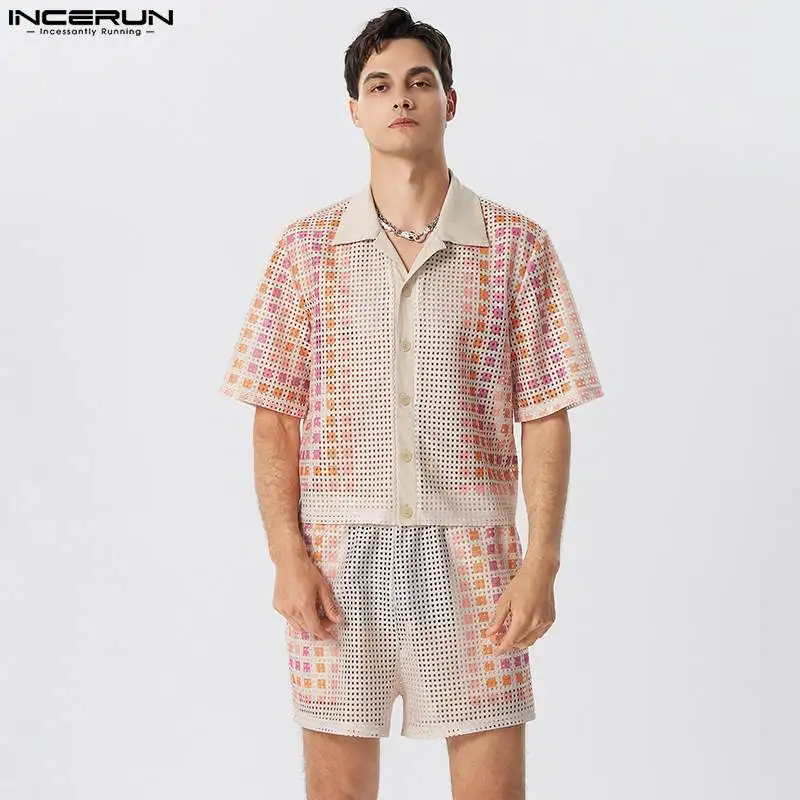 

Fashion Casual Style Men's Sets INCERUN Vacation Casual Hollowed Mesh Short Sleeved Shirt Shorts Male See-through Two-piece Sets