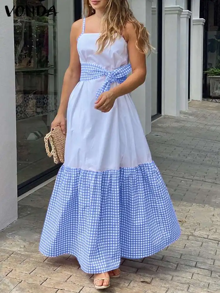 

Bohemian Maxi Dress 2022 VONDA Sexy Women Sleeveless Patchwork Plaid Party Long Dresses Fashion Pleated Tank Sundress Belted