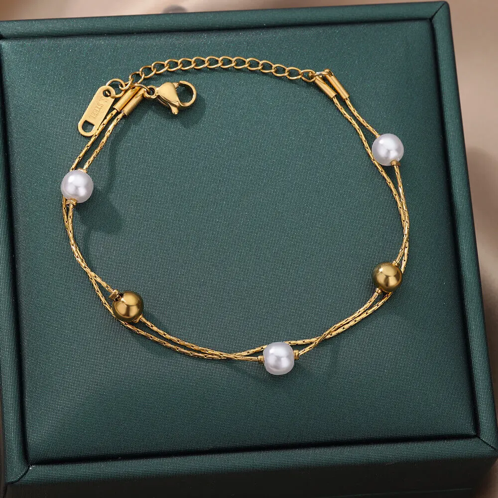 

Stainless Steel Round Bead Pearl Bracelets For Women Charm Gold Plated Multilayer Chain Bracelet Fashion Jewelry bijoux femme