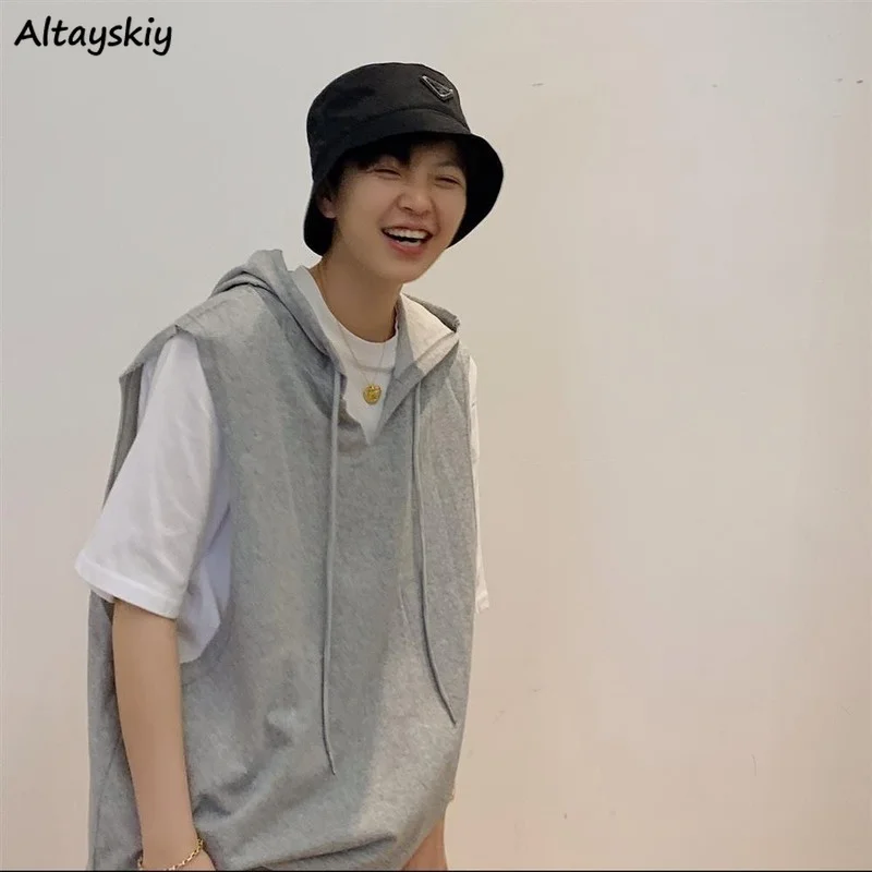 

Жилетка женская с капюшоном, повседневная универсальная однотонная Стильная верхняя одежда без рукавов, в Корейском стиле, для подростков, мягкая Свободная верхняя одежда для пар, на лето