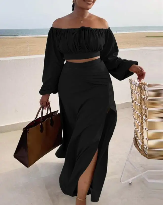 

Fashion Street Women's Straight Loose Skirt Set Spring Summer Women's Clothing Ruched Lantern Sleeve Top & Sexy Slit Skirt Set