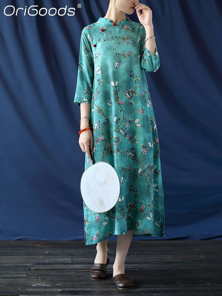 

Женское длинное платье с цветочным принтом, из хлопка и льна