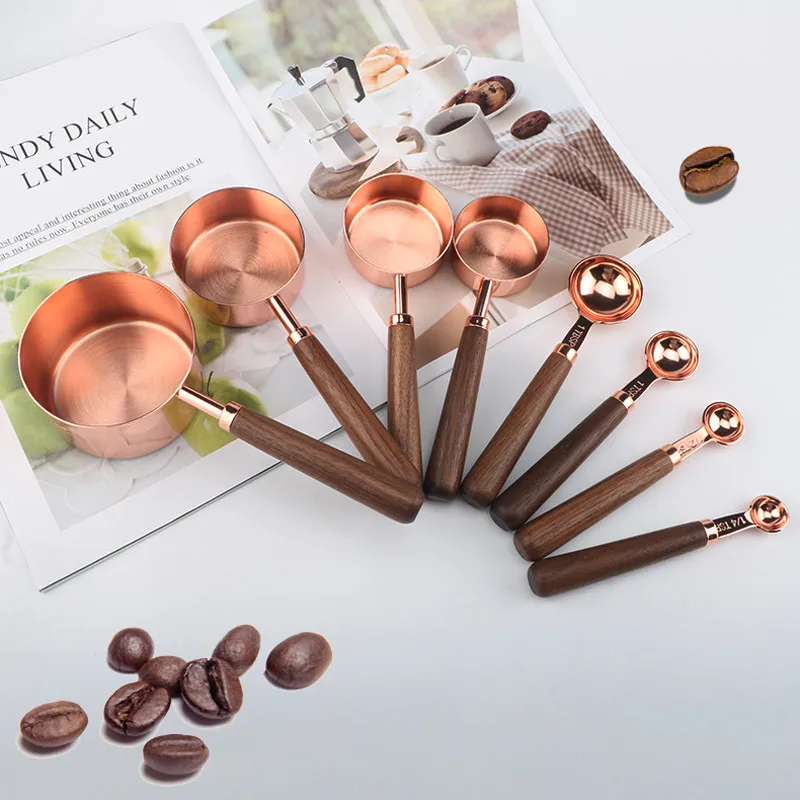 

Wooden Handle Stainless Steel gram Measuring Cups Spoons Plated Copper Rose Gold scale Measuring Spoon Set Kitchen Baking