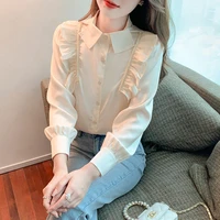 chiffon shirt women sweet pearl beadings long sleeve top korean fashion solid button up ruffled camisas mujer blouse