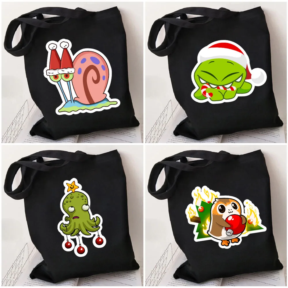 

Funny Christmas Trees New Year Cute Bear Cat Halloween Canvas Shoulder Bags Women Shopping Bag