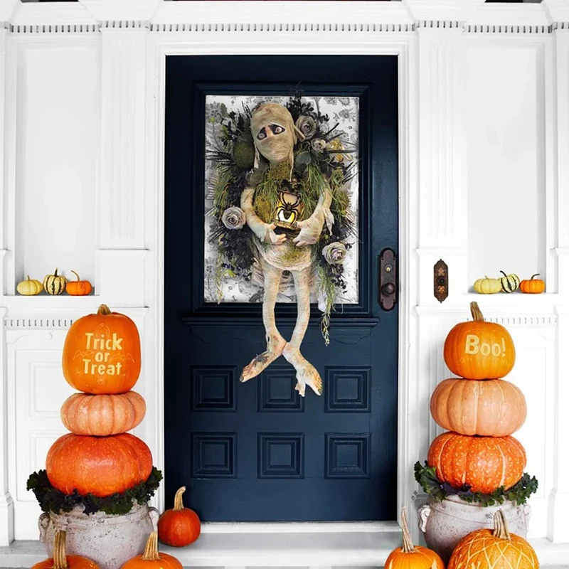 

Halloween Realistic Mummy Wreath - Horror Porch Wall Decor With Roses | Spiders And Lanterns, Horror Nights Gift