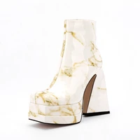 new arrival marbling short platform boots women triangle block heel shoes high chunky heels thick bottom ankle booty