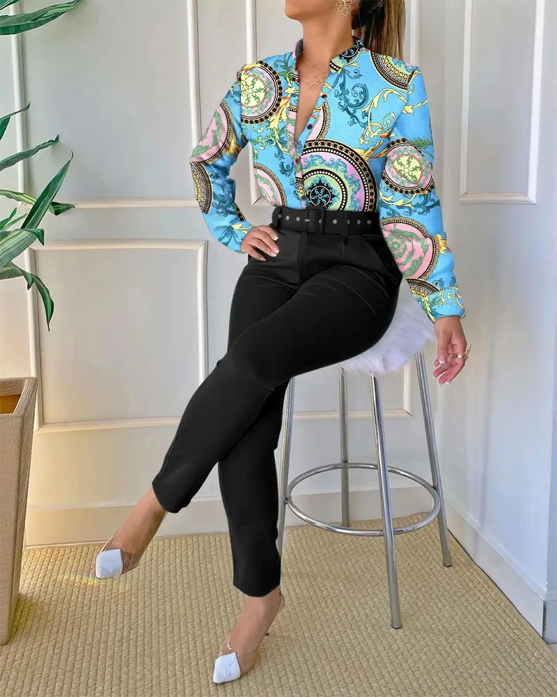 

Casual O-Neck Long Sleeve Shirt Pants Set Office Lady Elegant Floral Print Tops Solid Pants Two Piece Set Women Outfit 2023