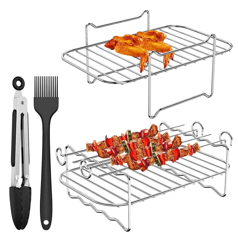 

2Pcs Air Fryer Rack Compatible For Dual Air Fryer With Barbecue Sticks Oil Brush Clip Non-Stick Air Fryer Rack