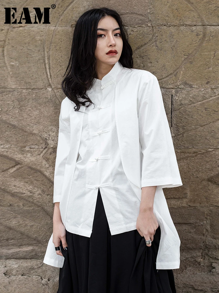 

[EAM] Women White Button Irregular Blouse New Lapel Three-quarter Sleeve Loose Fit Shirt Fashion Tide Spring Autumn 2023 1DF5344