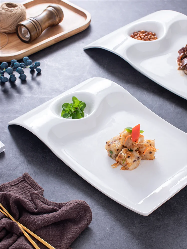 

14-inches White Ceramic Plate Irregular Western Steak Plate Home Rectangular Fruit Dessert Breakfast Dishes Restaurant Tableware