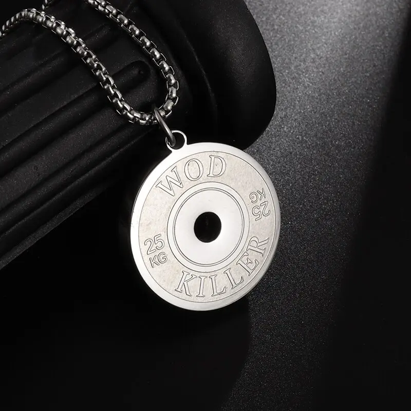 High Quality Stainless Steel 10-25-50Kg Barbell Plate Pendant Fitness Equipment Dumbbell Plate Necklace Men Gym Charm Jewelry