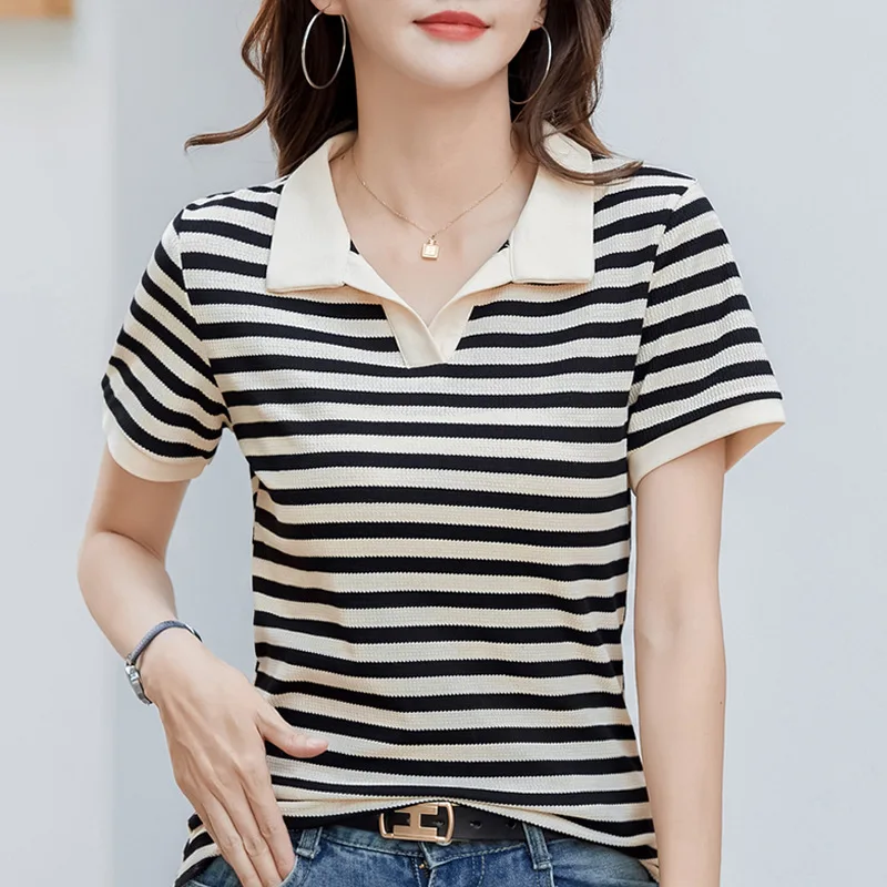 #0420 летняя полосатая футболка с отложным воротником тонкая короткая Женская