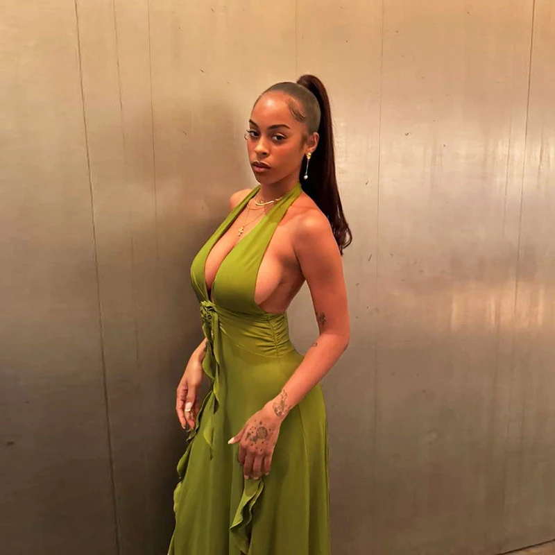 Лето 2024 сексуальное вечернее платье с открытой спиной и рюшами v-образным вырезом